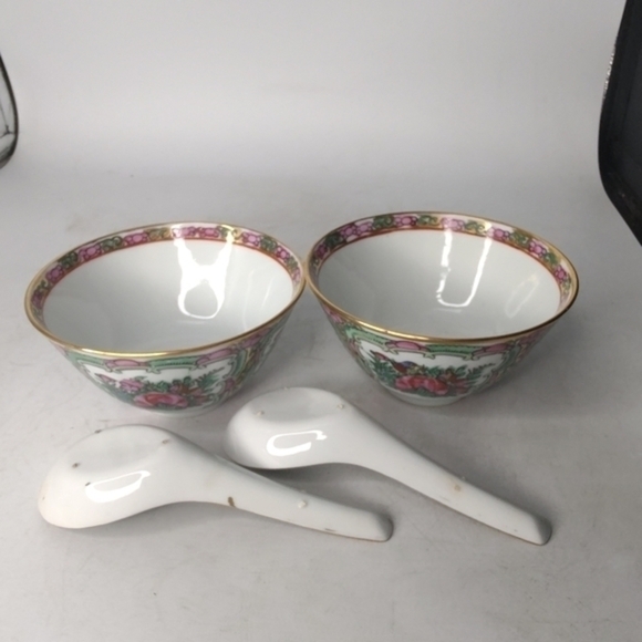 2 vintage rose Canton soup/rice bowls with spoons - Picture 3 of 8